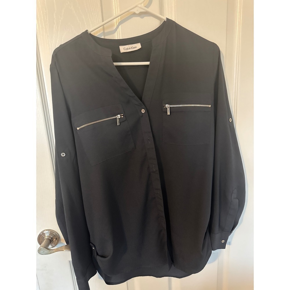 Calvin Klein Black Blouse Long Sleeve Zipper Pockets Button Down